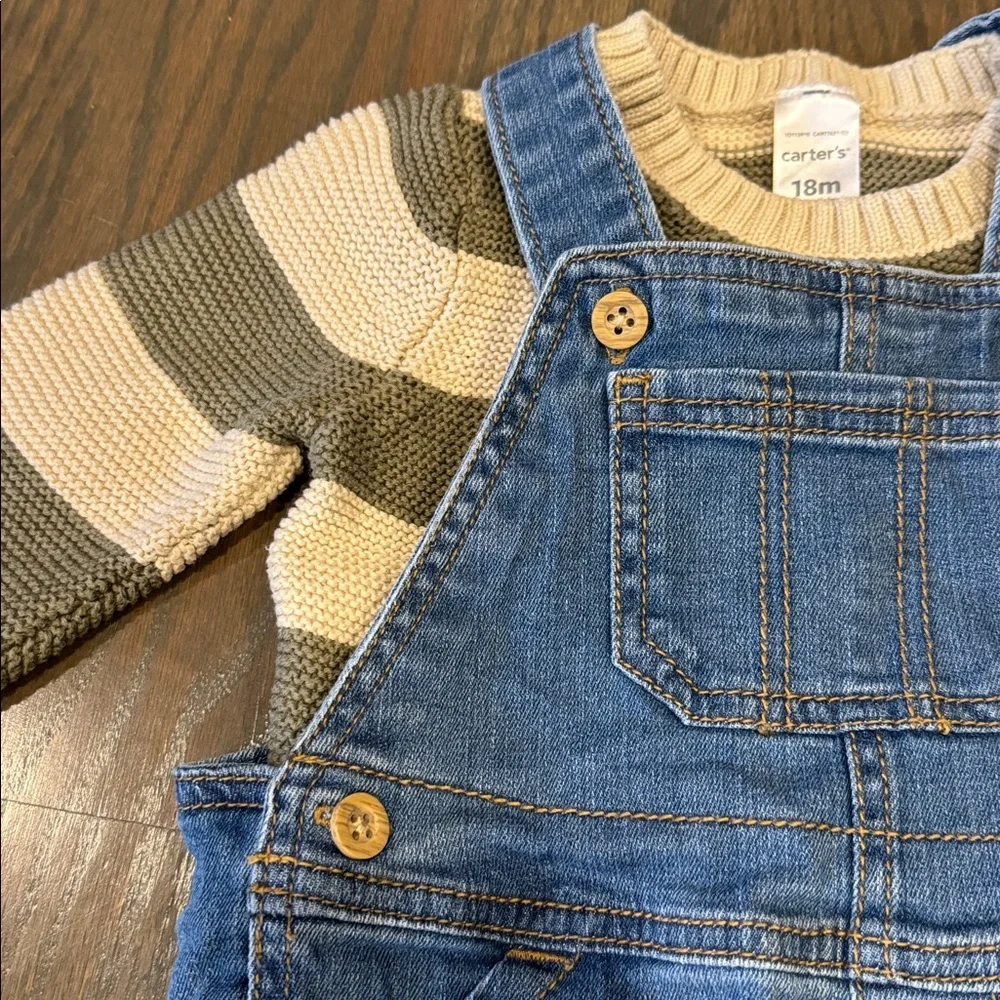 Carter’s Green & Cream Striped Sweater & Denim Overalls Set | 18M